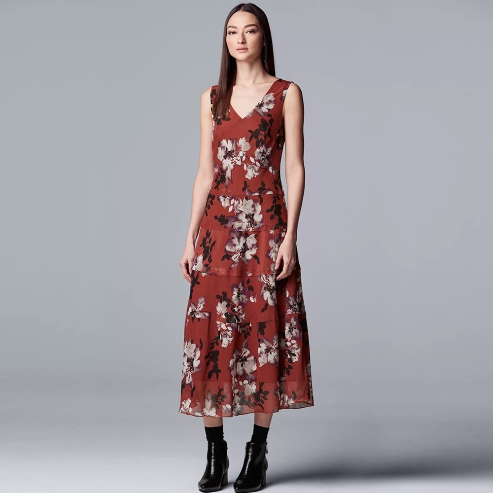 Simply Vera Vera Wang Tiered Floral Midi Dress Sleeveless V Neck Red Small - Picture 11 of 11